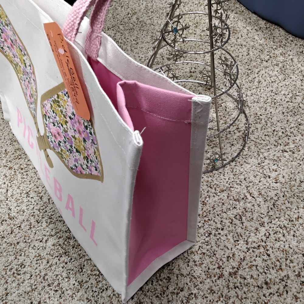 3899 Large Pickleball Club Floral Paddle Tote Bag - Pink & White - Picture 3 of 6